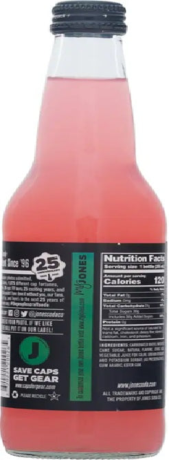 Jones Soda Watermelon refreshing craft soda in a 355ml glass bottle with a watermelon-themed label.