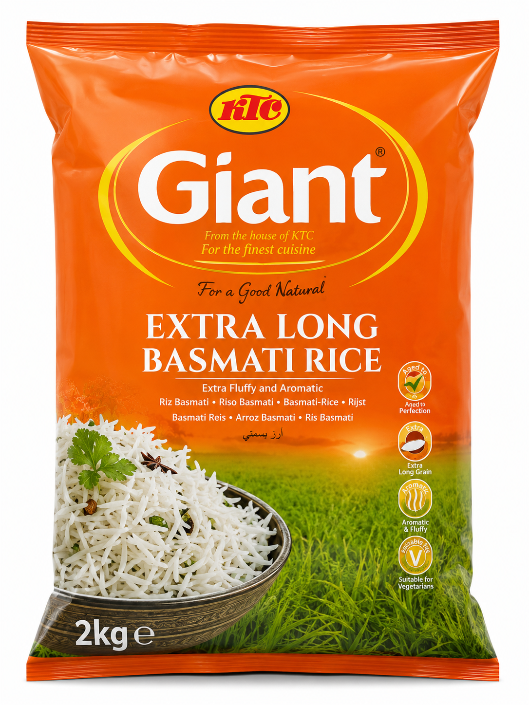 A 2kg bag of KTC Giant Extra Long Basmati Rice, featuring its signature orange packaging with a bowl of white rice and a green grassy field graphic.