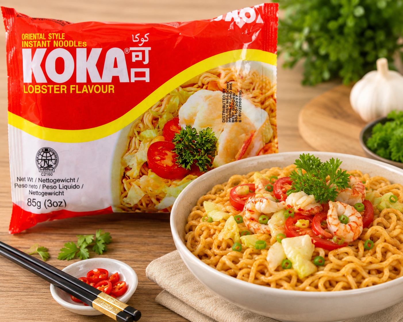 A package of Koka Oriental Style Instant Noodles Lobster Flavour stands behind a bowl of prepared noodles on a wooden table, with shrimp, sliced red tomatoes, green onions, parsley, a garlic bulb, and chopsticks nearby.