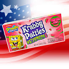 Sponge Bob Square Pants Krabby Patties Watermelon gummy theatre box opened showing burger style gummies