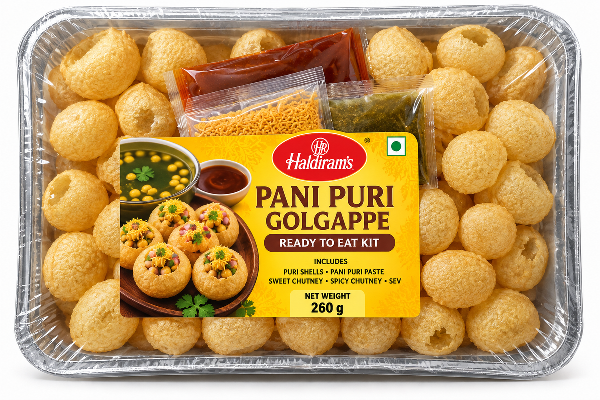 Krunch Pani Puri Golgappe 260g ready-to-eat tray containing crispy golden puri shells and chutney sachets, ideal for making traditional Indian street food snacks.