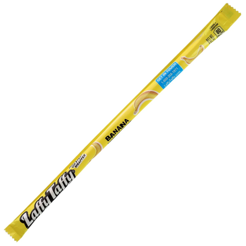 Ferrara Laffy Taffy Banana candy bars arranged with yellow packaging and soft taffy inside.