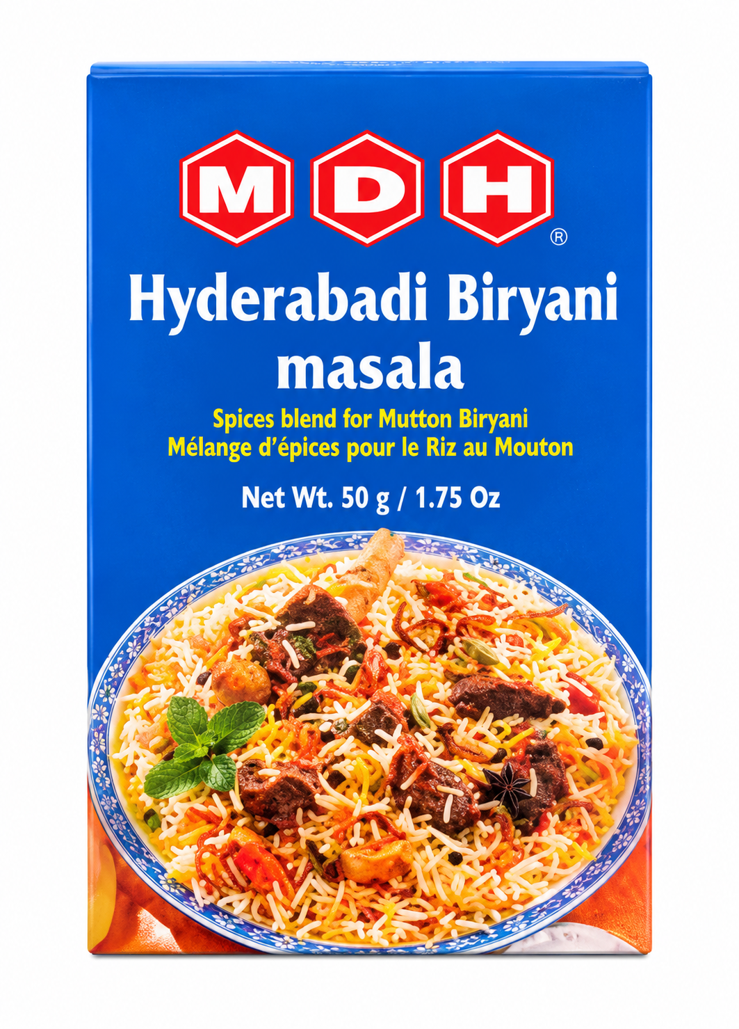 MDH Hyderabadi Biryani Masala 50g spice mix packet featuring the blue MDH packaging with red and white logo, yellow text describing the biryani spice blend for mutton biryani, and a colorful plate of aromatic Hyderabadi biryani rice with meat, herbs, and spices. Ideal for preparing flavorful Indian-style Hyderabadi biryani at home.