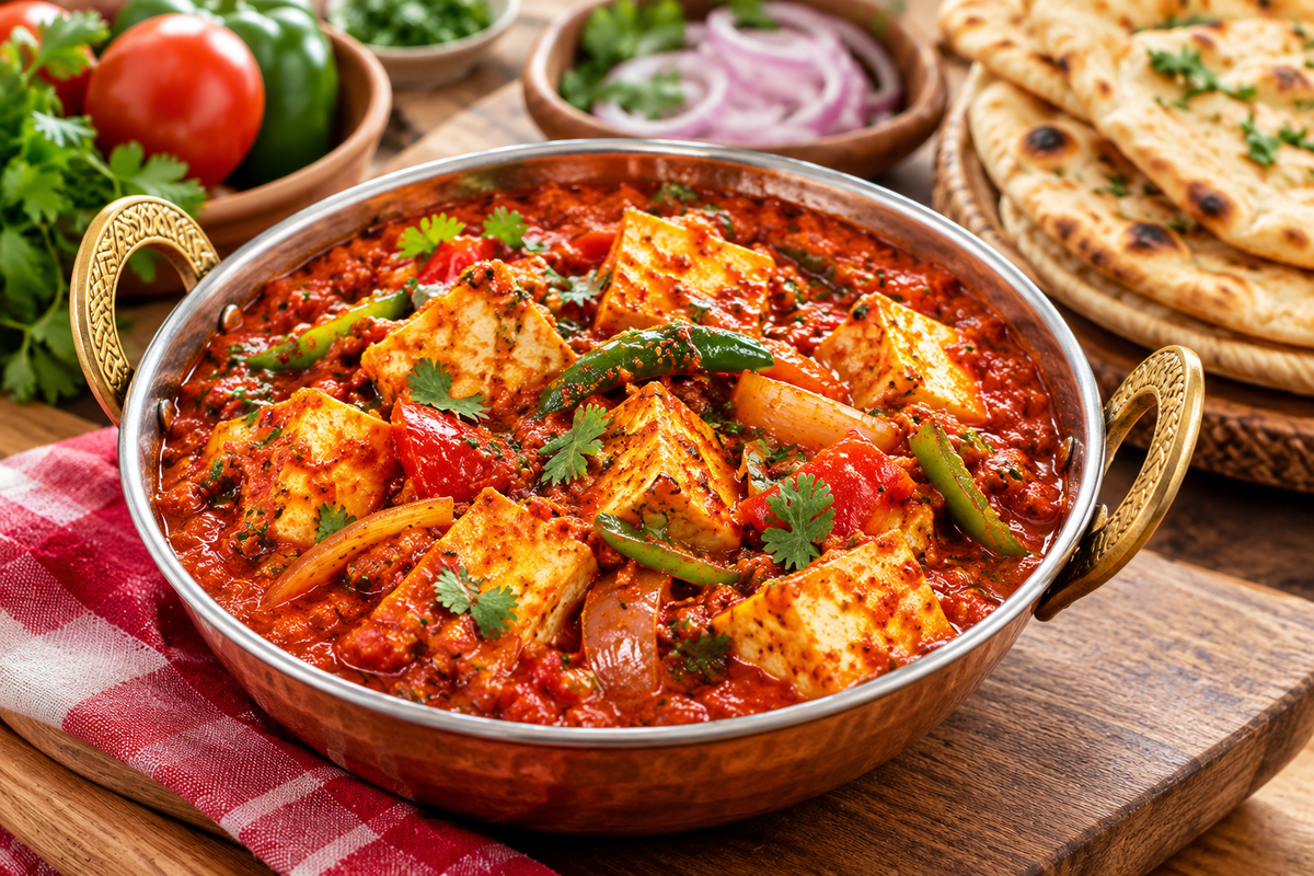 Indian karahi paneer curry with paneer cubes, peppers, and tomatoes, served with naan bread.