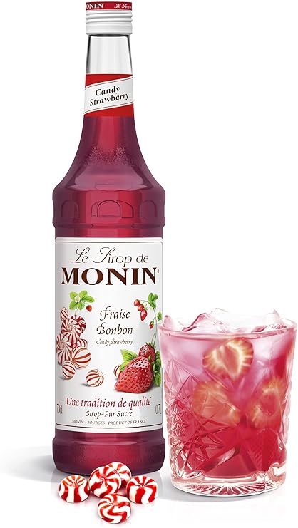 MONIN Premium Strawberry Candy Syrup 700ml bottle – vegan and allergen-free