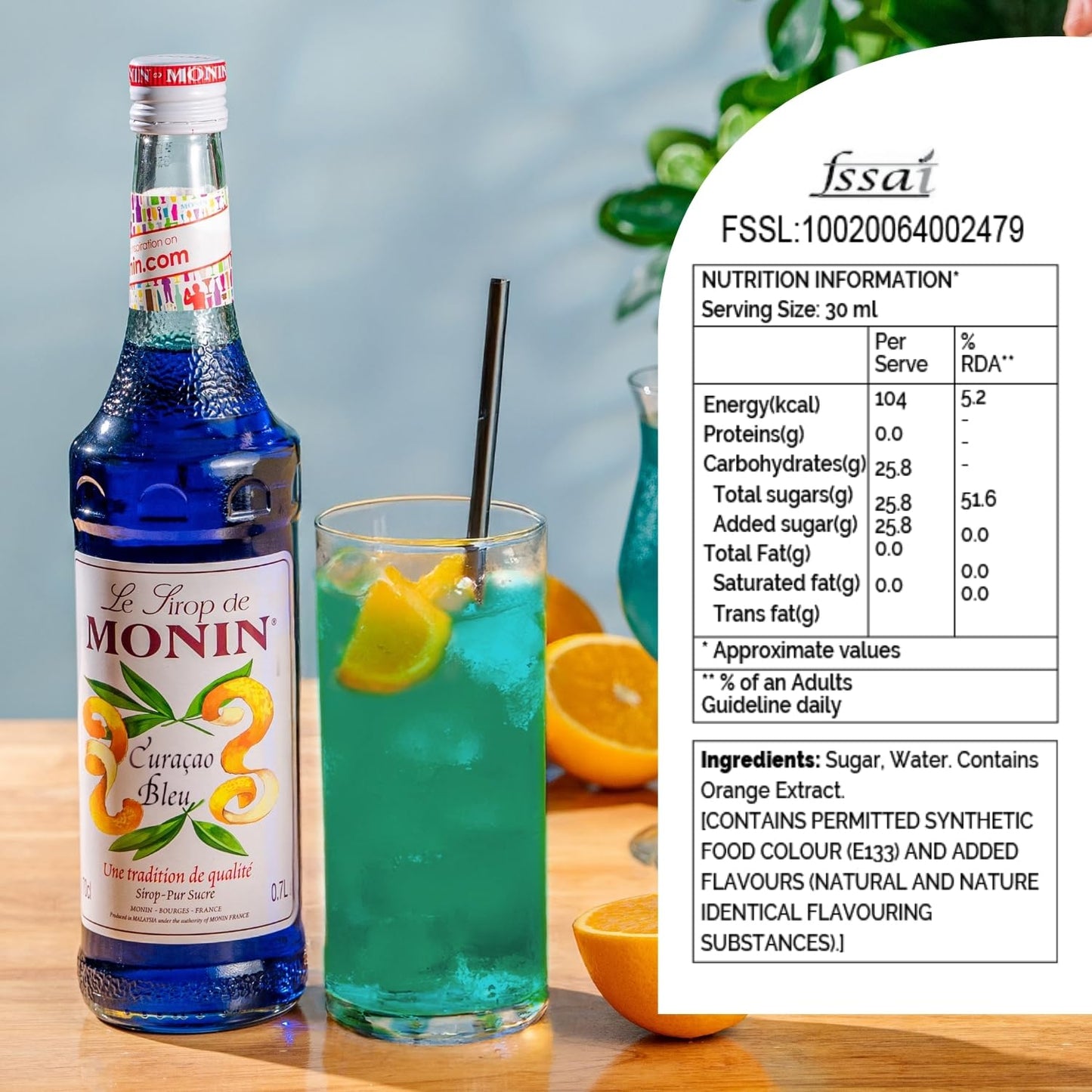 MONIN Premium Blue Curacao Cocktail & Mocktail Syrup – 700 ml, Vegan & Allergen-Free