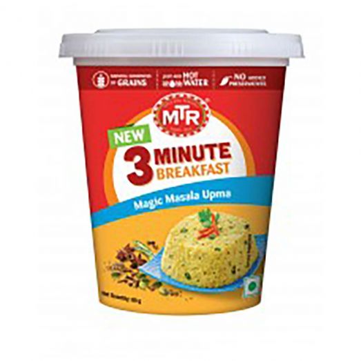 MTR Magic Masala Upma 80g showing Indian spiced semolina with vegetables in a sealed, heat-and-serve pouch ready for microwave or stovetop preparation.