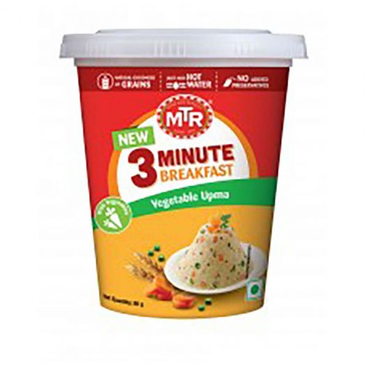 Packaged MTR Vegetable Upma 80g showing ready to eat Indian semolina with vegetables in a sealed pouch suitable for quick microwave or stovetop preparation.