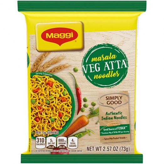 Maggi Veg Atta Noodles 72.5g single serve pack featuring whole wheat instant noodles with vegetable seasoning, ideal for a quick and wholesome meal.