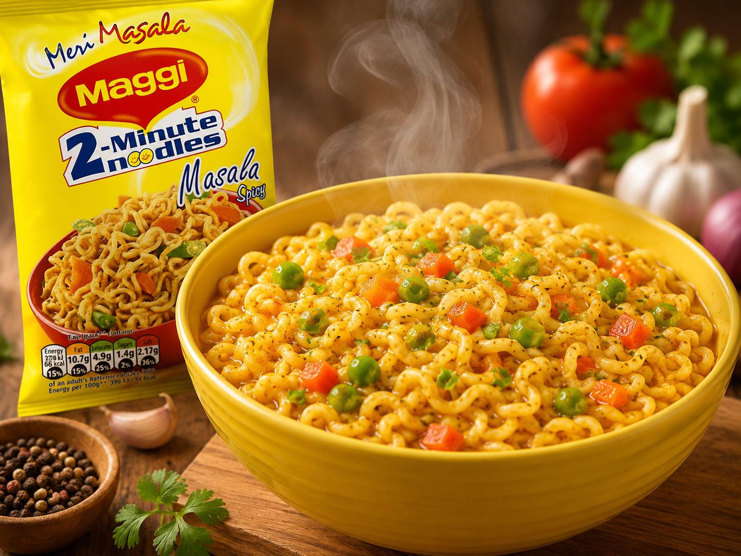A yellow bowl of steaming Maggi 2-Minute Noodles Masala with visible seasoning and mixed vegetables, shown next to a yellow Maggi noodle packet on a wooden table with tomatoes, garlic, and herbs in the background.