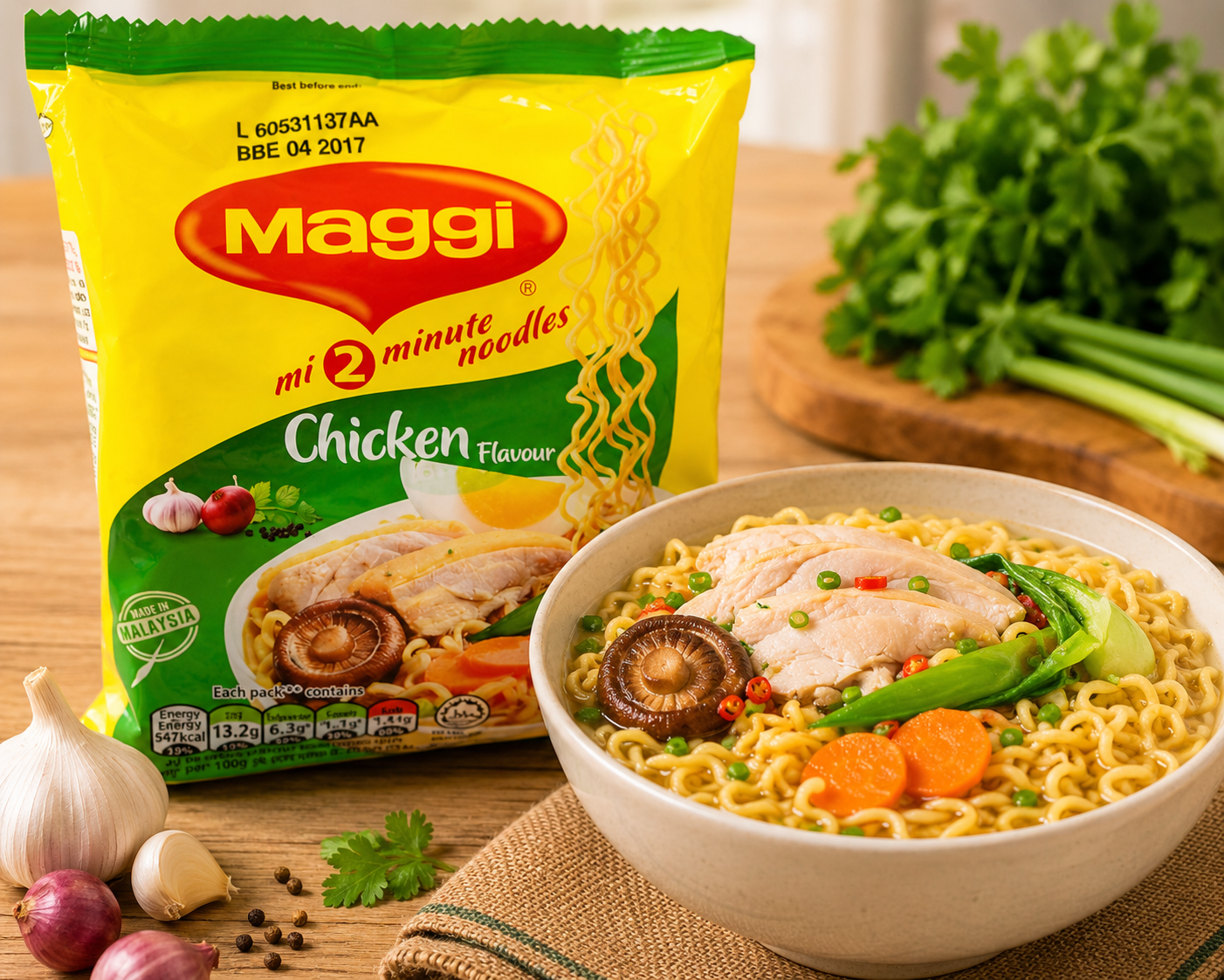 A package of Maggi Mi 2 Minute Noodles Chicken Flavour shown next to a bowl of prepared noodles with chicken, vegetables, garlic, and herbs on a wooden table.