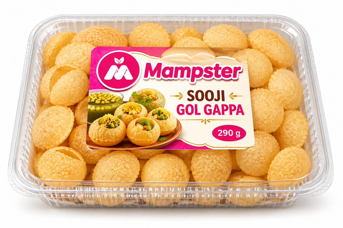 Mampster Sooji Gol Gappa 290g pack featuring crispy golden pani puri shells in a transparent plastic tray with a pink and cream Mampster label.