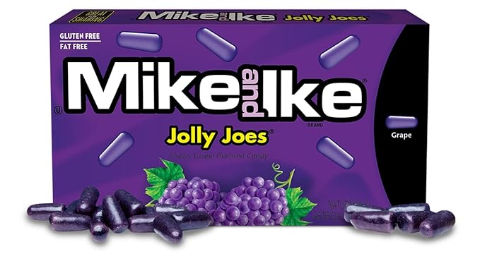 141g box of Mike and Ike Jolly Joes Fruit Candies, featuring colorful candy pieces and the Mike and Ike logo on a vibrant packaging.