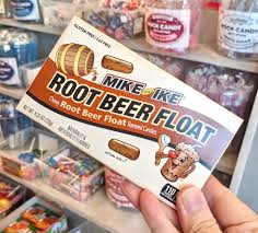 Mike & Ike Root Beer Float candy bag opened showing brown chewy sweet