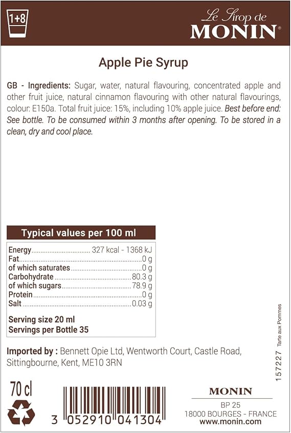 MONIN Premium Apple Pie Syrup 700ml – vegan-friendly natural syrup for cocktails, coffee, and desserts.