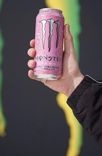 Monster Energy Ultra Strawberry Dreams 473ml can, featuring a vibrant design and sweet, creamy strawberry flavor with zero sugar and a boost of energy.