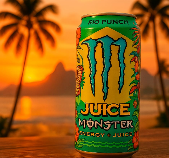 Monster Juice Rio Punch 473ml can, featuring a vibrant tropical fruit punch flavor with passionfruit, orange, and pineapple, offering a refreshing and energizing drink.