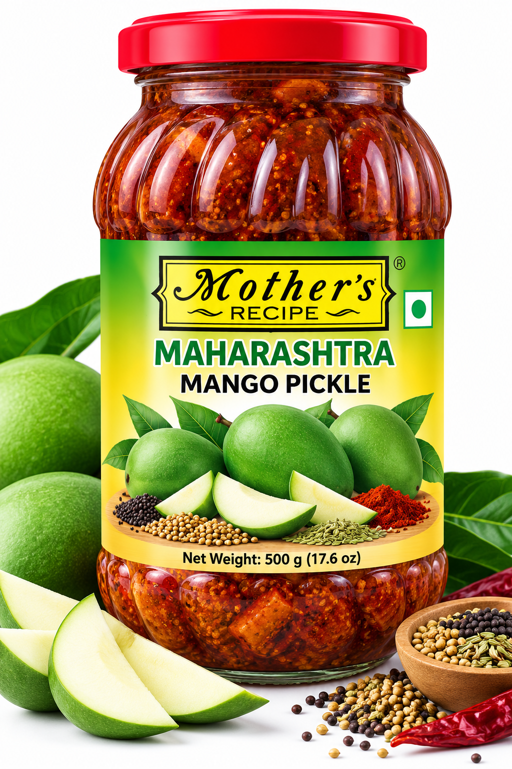 Mother's Recipe Maharashtra Mango Pickle 500g featuring a glass jar with a red lid and green-and-yellow label, filled with traditional spicy mango pickle, alongside fresh green mangoes, sliced mangoes, mustard seeds, and aromatic Indian spices.