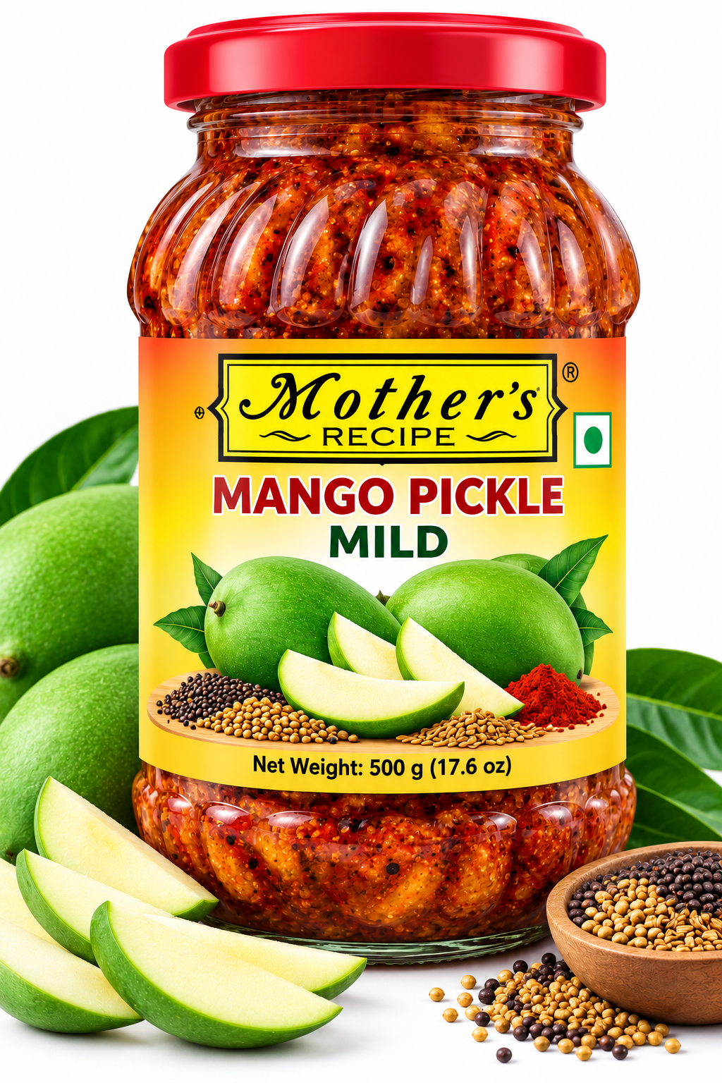 Mother's Recipe Mango Pickle Mild 500g featuring a glass jar with a red lid and yellow label, filled with traditional mild mango pickle, alongside fresh green mangoes, mango slices, mustard seeds, fenugreek seeds, and aromatic spices.