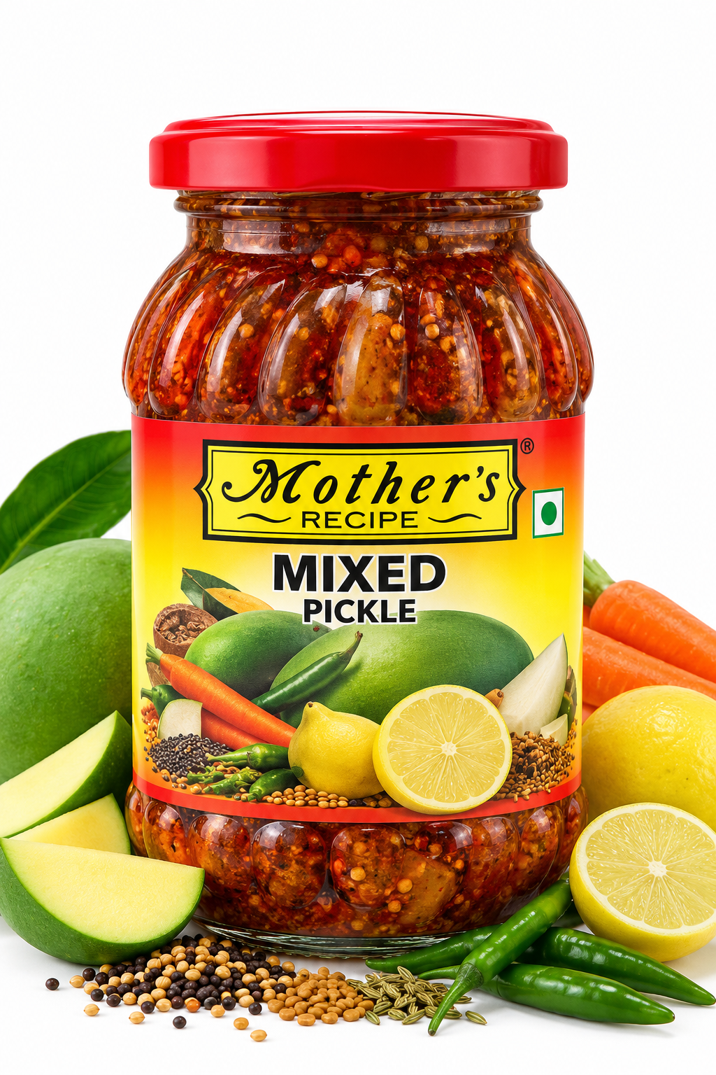 Mother's Recipe Mixed Pickle 500g featuring a glass jar with a red lid and yellow-orange label, filled with traditional mixed vegetable pickle, alongside green mangoes, lemon, carrots, green chillies, mustard seeds, and aromatic Indian spices.