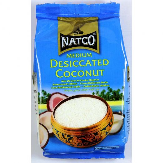 Natco Medium Desiccated Coconut available in 300g and 1kg packs featuring natural medium shredded coconut flakes ideal for baking, cooking, and dessert making.