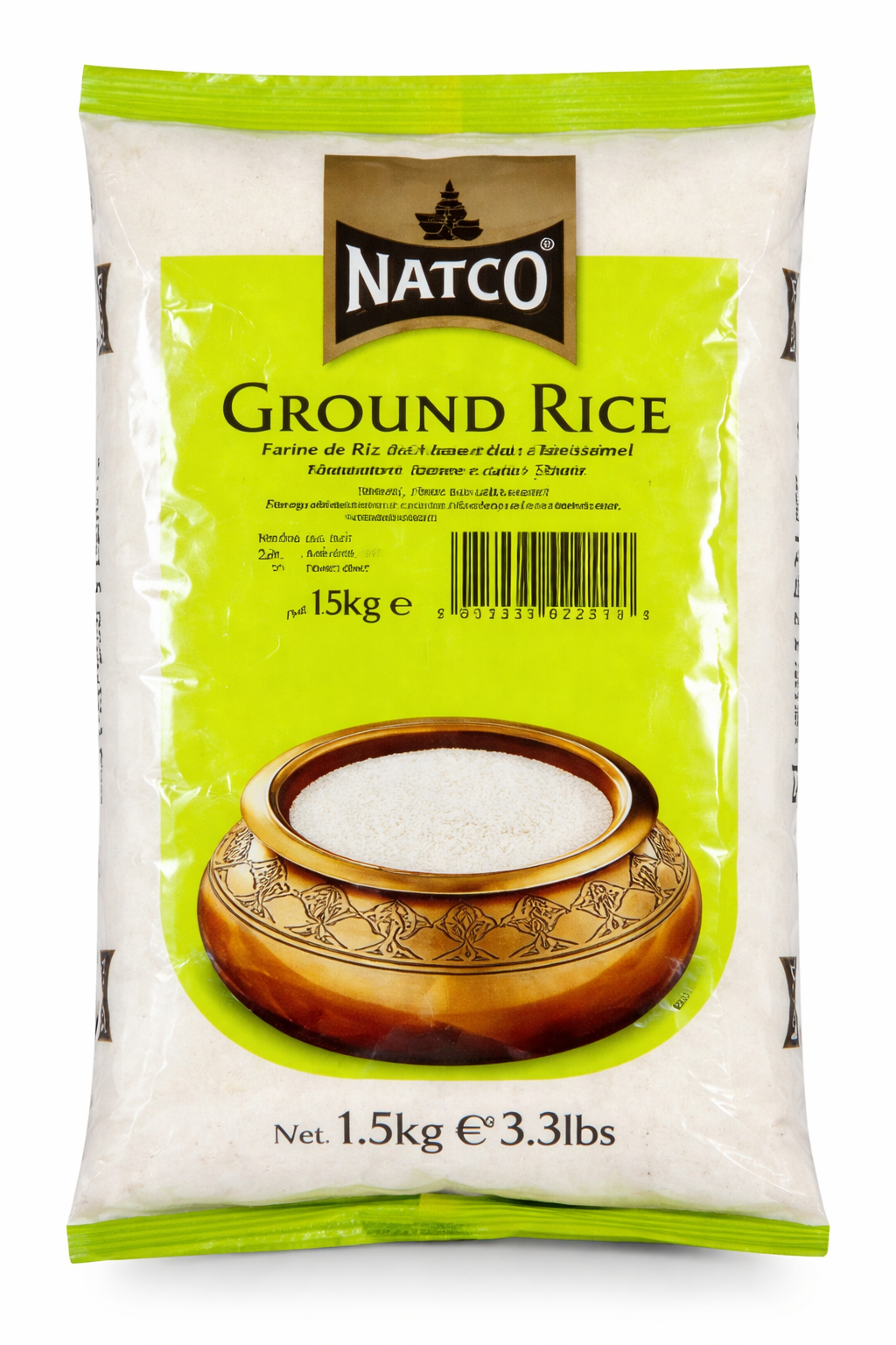 Natco Ground Rice 1.5kg pack – white rice flour bag with bright green label, Natco logo, and decorative bowl illustration on the front.