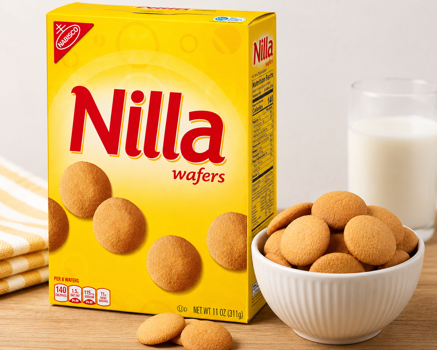 Nilla Wafers vanilla cookies box displayed beside a white bowl filled with crispy vanilla wafer cookies and a glass of milk on a wooden table.