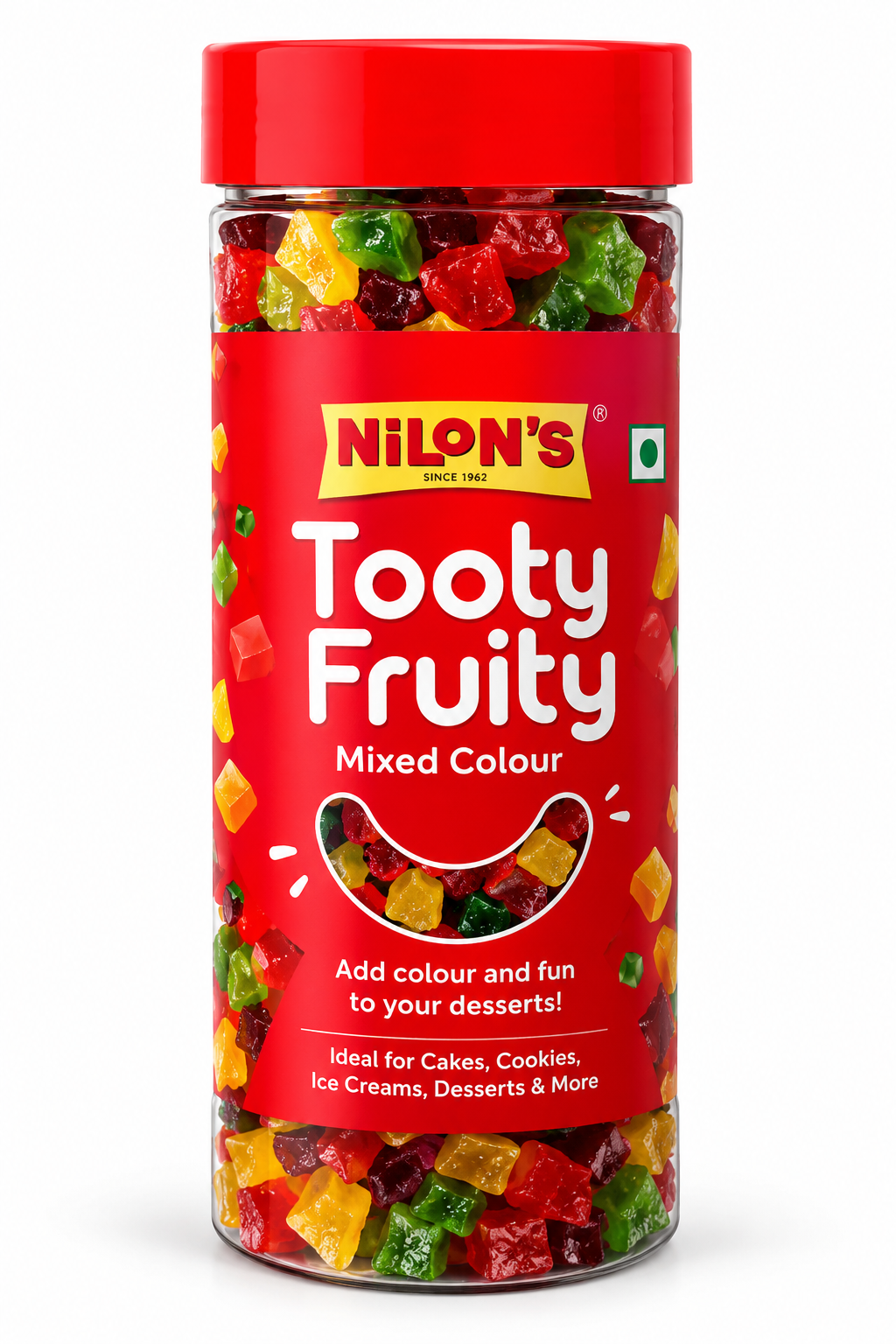 Nilon’s Tooty Fruity Mixed Colour 200g in a transparent jar with a red lid and bright red label, filled with colourful candied fruit pieces in red, green, yellow, orange and maroon, ideal for cakes, cookies, ice cream and desserts.