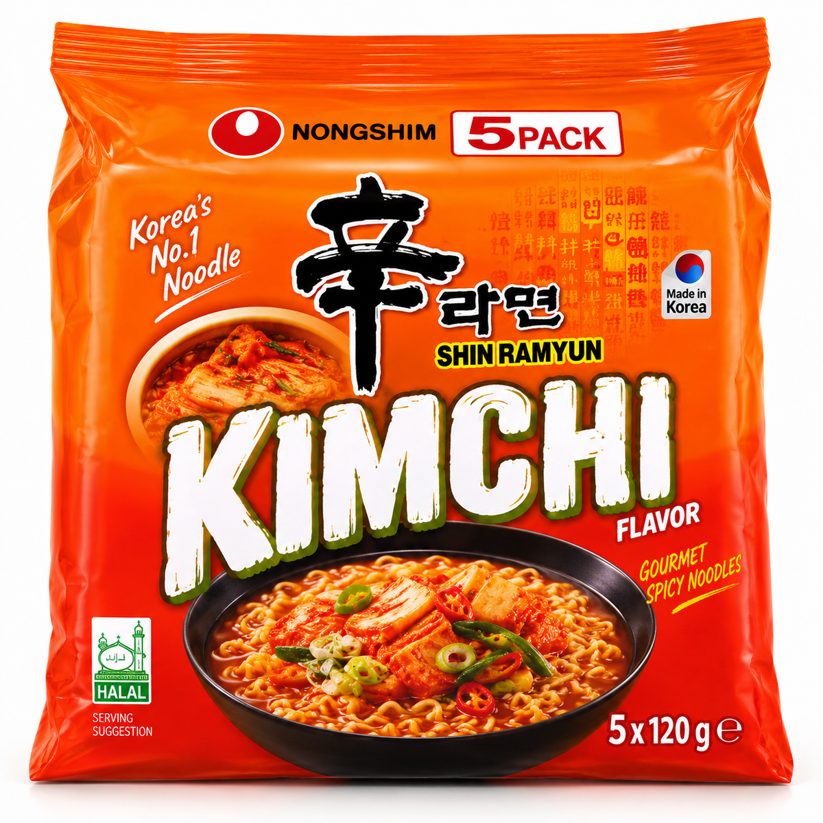 Nongshim Shin Ramyun Kimchi 5-pack in orange and red packaging, featuring kimchi, a bowl of spicy noodles and bold Kimchi flavour branding.