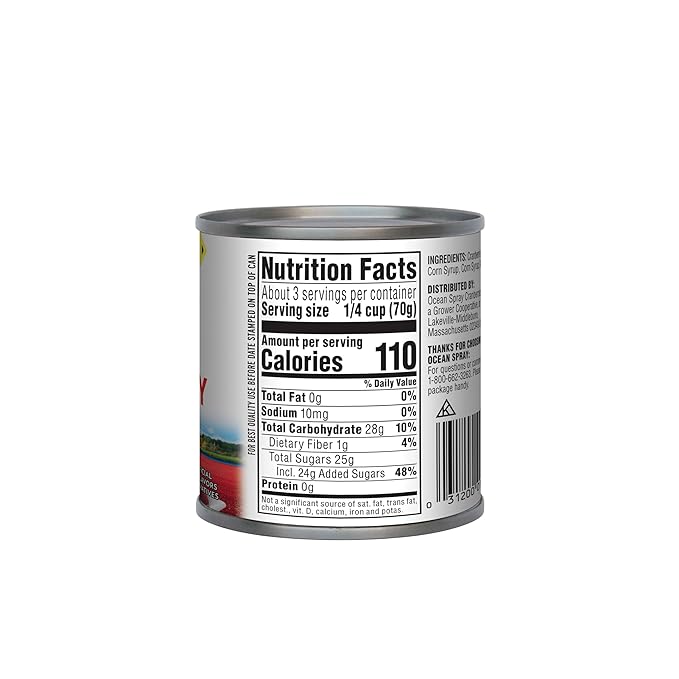 Back view of a canned food product showing the Nutrition Facts panel, ingredients list, barcode, and serving information on the silver metal can label.