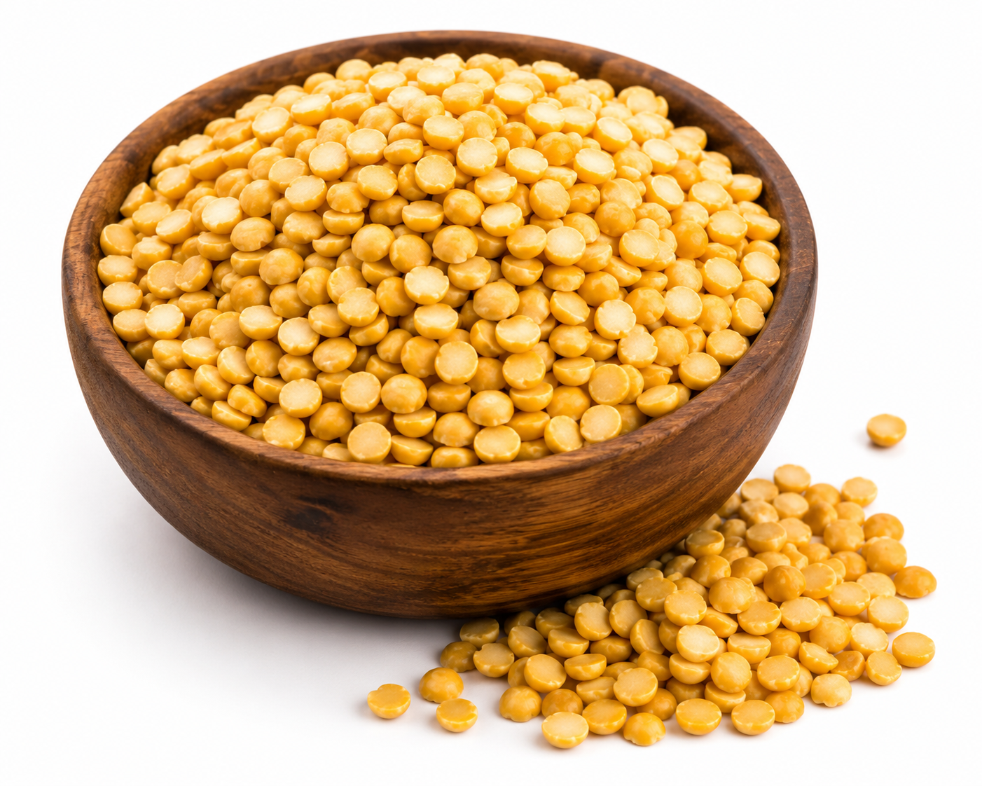 Organic Chana Dal in a wooden bowl on a clean white background, showcasing premium quality split chickpeas.