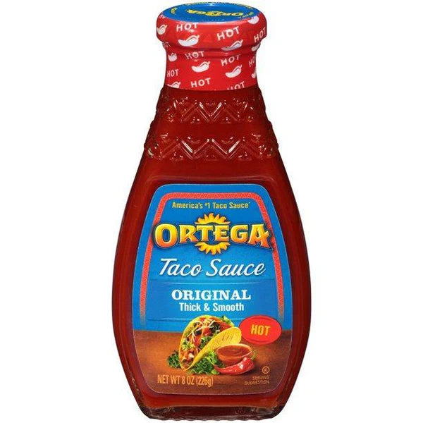 Ortega Original Hot Taco Sauce of 227 g each, smooth and spicy Mexican-style sauce for tacos, burritos, nachos, and Mexican dishes.