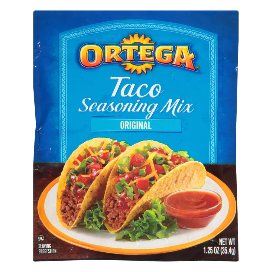 Ortega Taco Seasoning Mix, 12 pouches of 28 g each, authentic Mexican spice blend for tacos, burritos, fajitas, and vegetables.