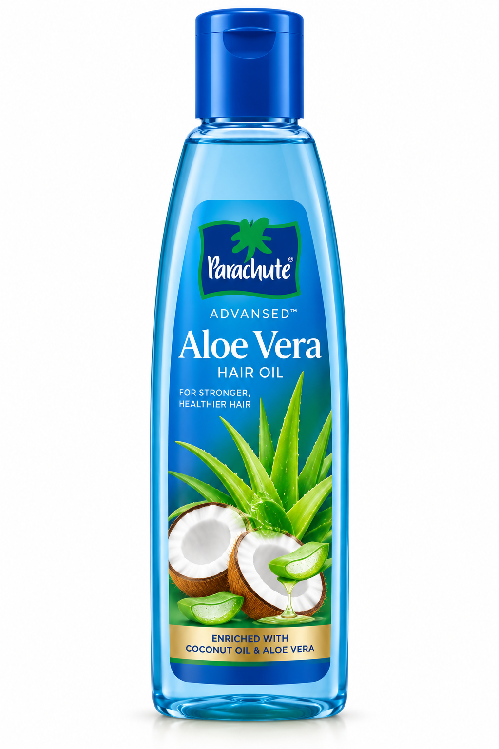 Parachute Advansed Aloe Vera Hair Oil 150ml featuring a blue bottle with a blue cap and blue-green label, decorated with fresh aloe vera leaves, aloe gel, and coconut imagery.