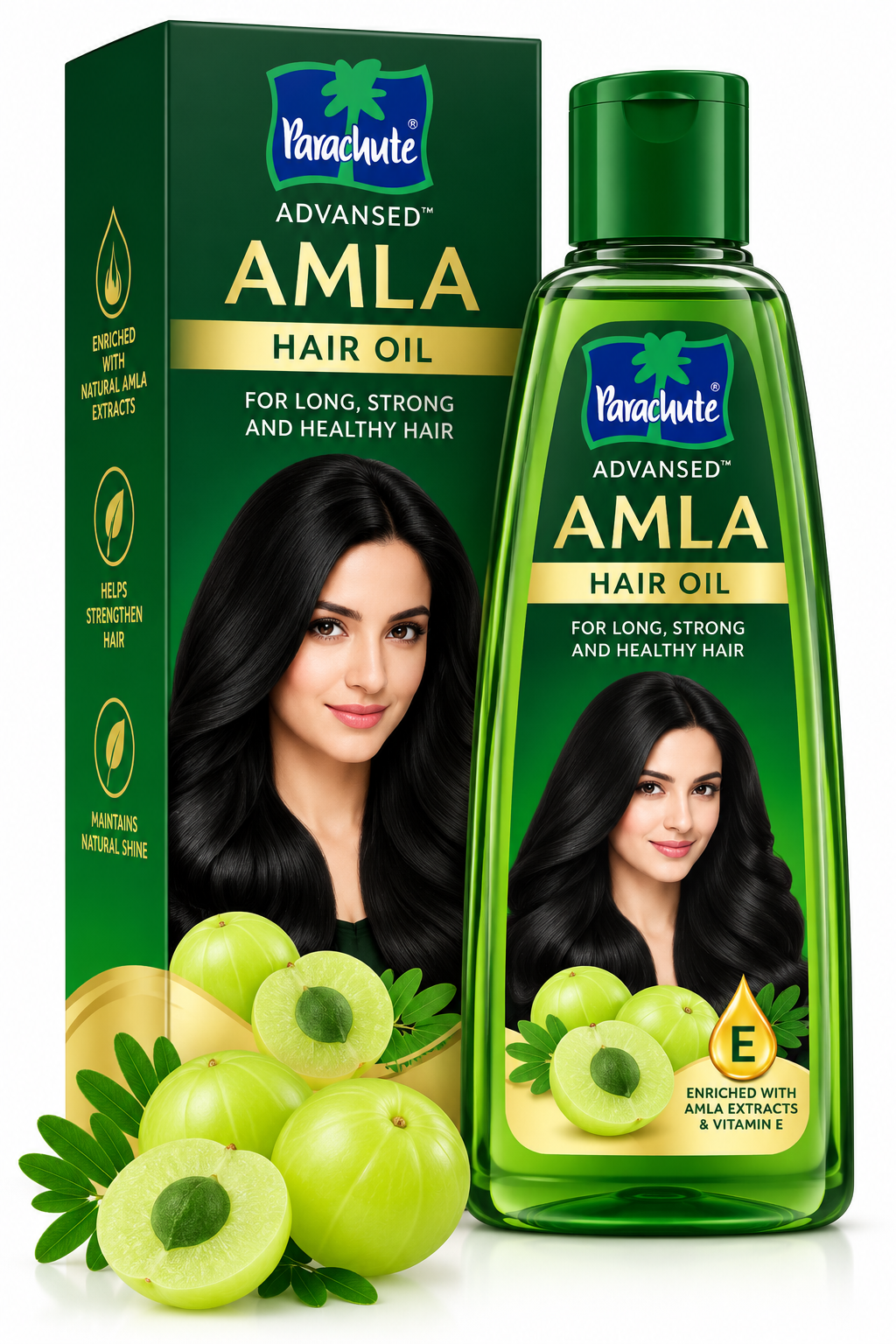 Parachute Advansed Amla Hair Oil 190ml featuring a green bottle with a matching green cap and dark-green-and-gold packaging, alongside fresh amla fruits and imagery of long, shiny hair.