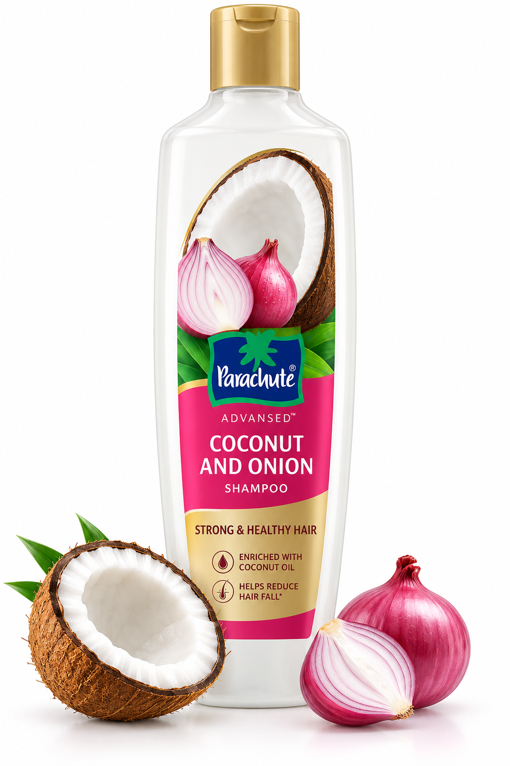 Parachute Advansed Coconut and Onion Shampoo 340ml featuring a white bottle with a gold cap and pink label, alongside fresh coconut and red onion.