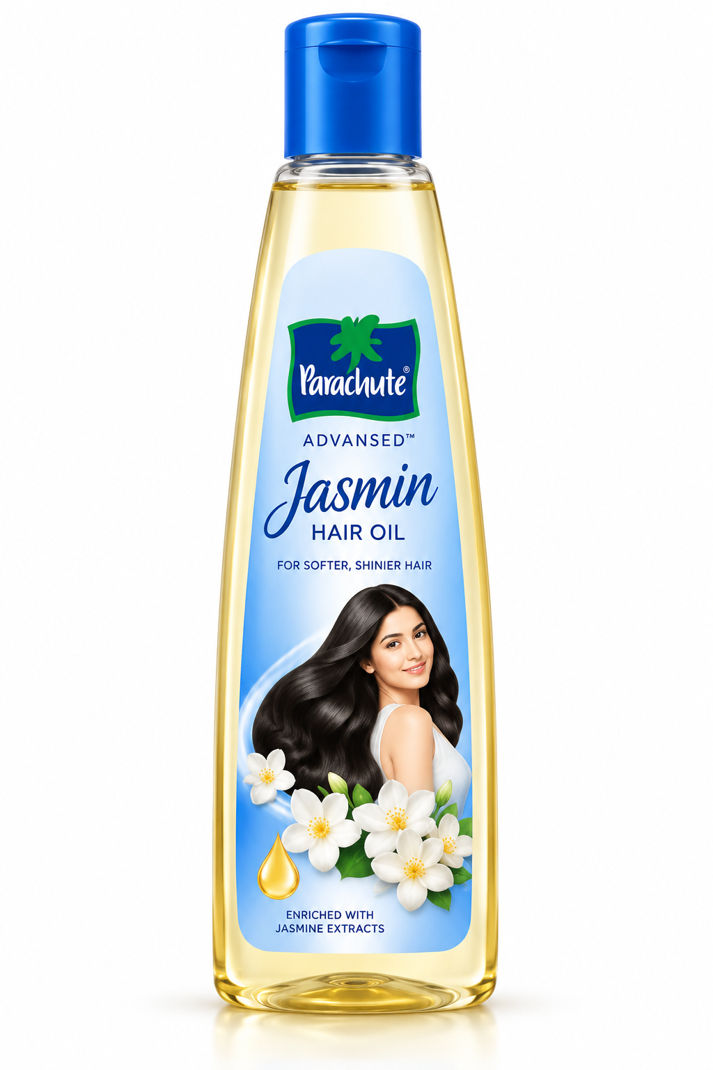 Parachute Advansed Jasmin Hair Oil 190ml featuring a clear bottle with a blue cap, pale golden oil, and a blue-and-white label with jasmine flowers and long, shiny hair imagery.