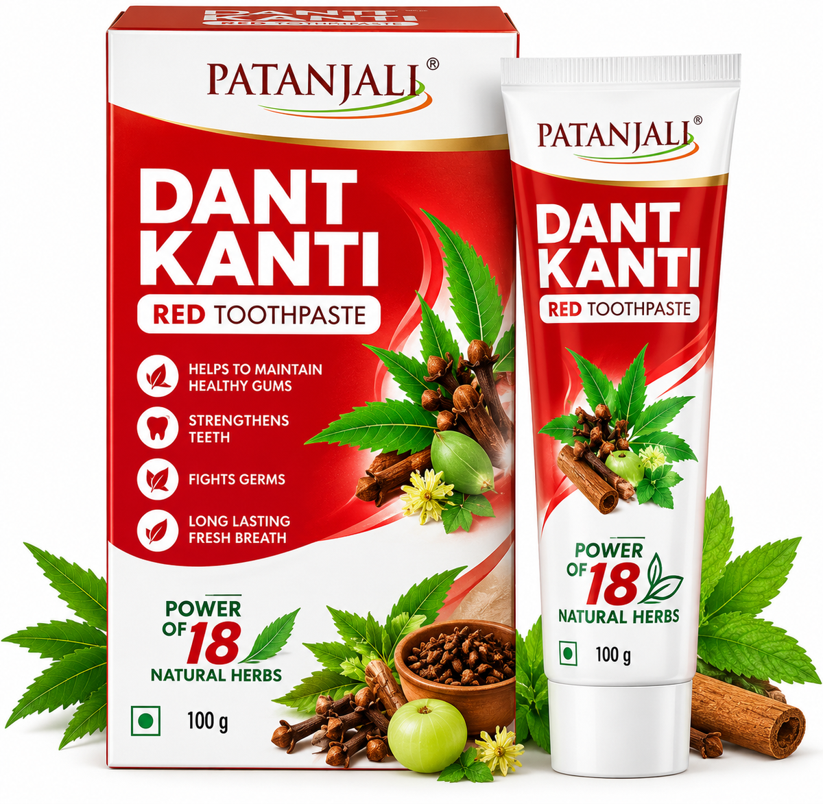 Patanjali Dant Kanti Red Toothpaste featuring a red-and-white carton and matching toothpaste tube, with natural herb illustrations and Power of 18 Natural Herbs branding.