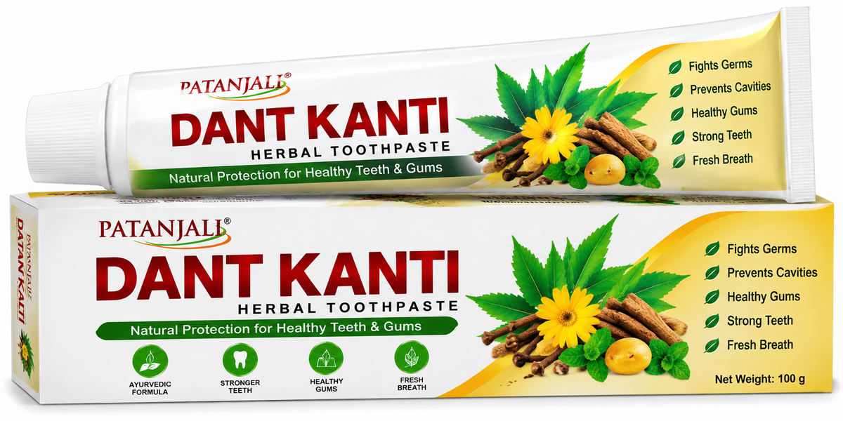 Patanjali Dant Kanti Herbal Toothpaste 100g featuring white packaging with red and green branding, herbal ingredients, and natural oral care illustrations.