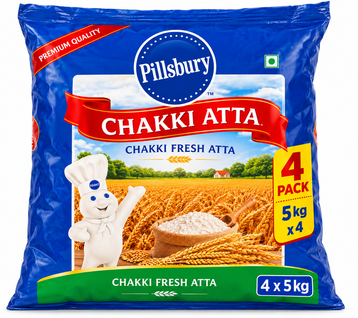 Pillsbury Chakki Fresh Atta 4-pack in blue packaging, containing four 5kg packs, featuring the Pillsbury Doughboy mascot, golden wheat fields, flour imagery and bold Chakki Atta branding.