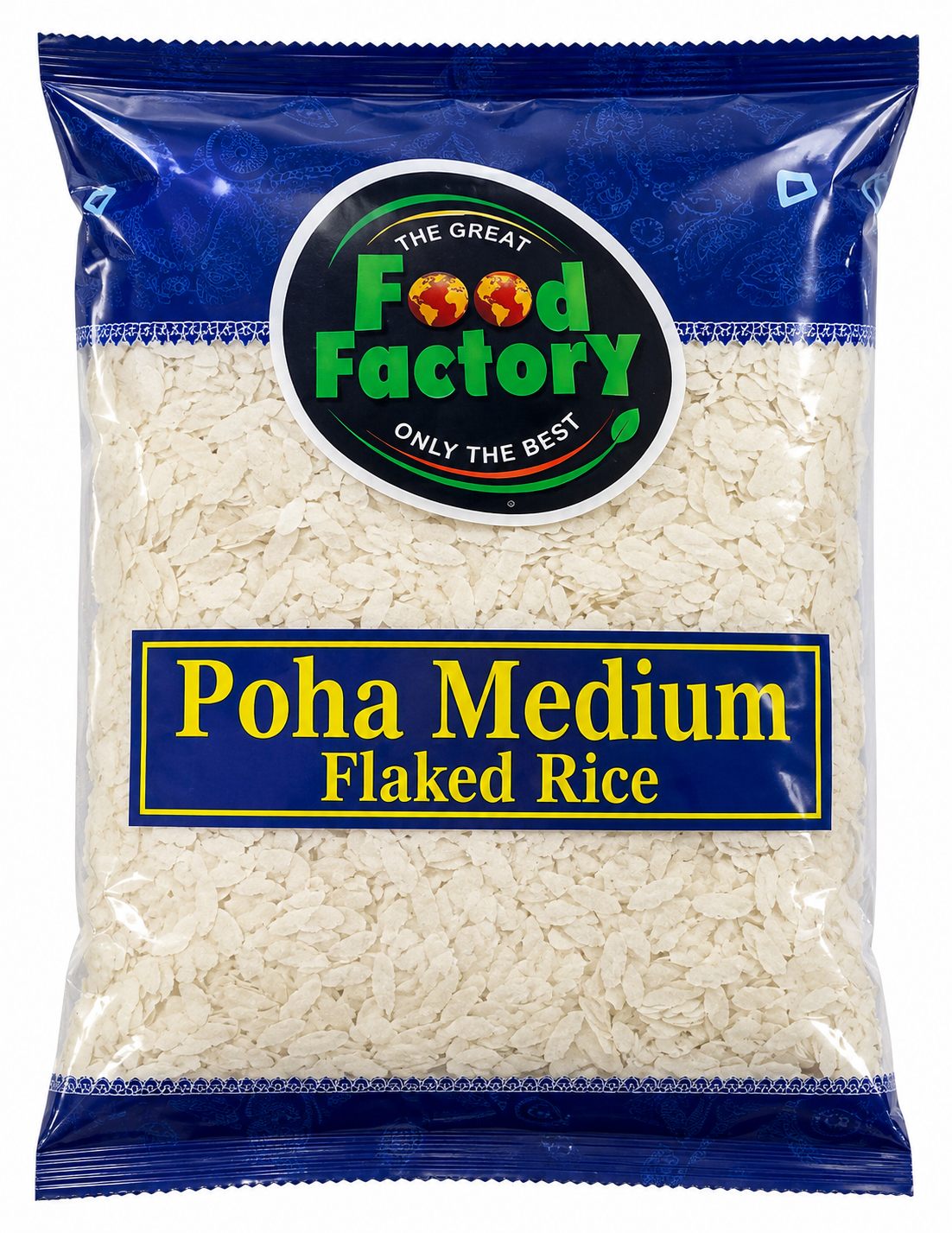 A bag of Food Factory Poha Medium Flaked Rice, showing the white rice grains through a clear window in a blue and white package with a prominent green and yellow logo.