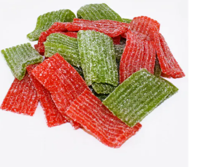 A 4oz (113g) peg bag of Rips Bite Size Pieces featuring sweet strawberry and tangy green apple flavors with colorful packaging.