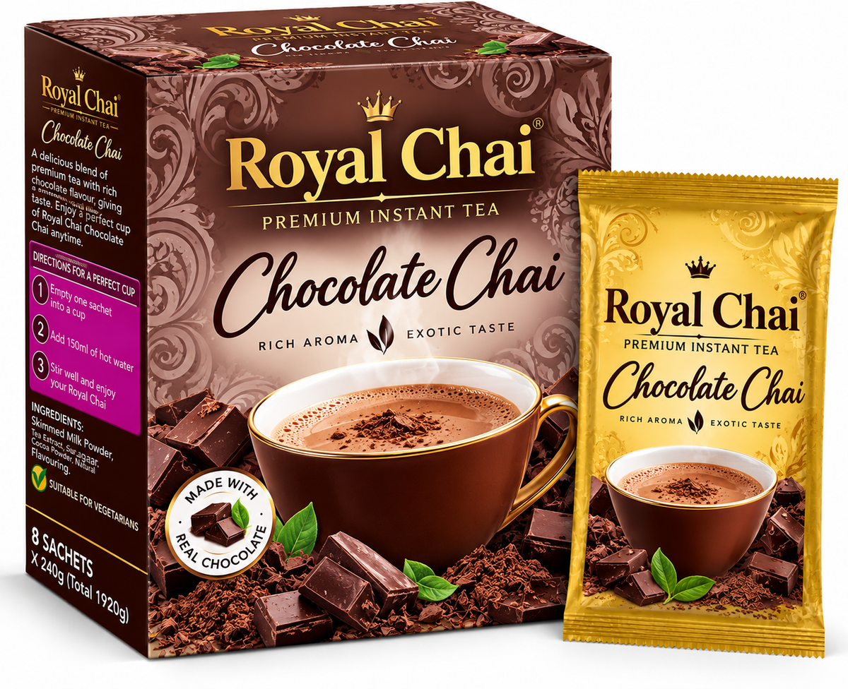 Royal Chai Chocolate Chai 8 x 240g featuring premium brown and gold packaging, a cup of creamy chocolate chai, rich chocolate pieces and shavings, and a matching golden sachet.