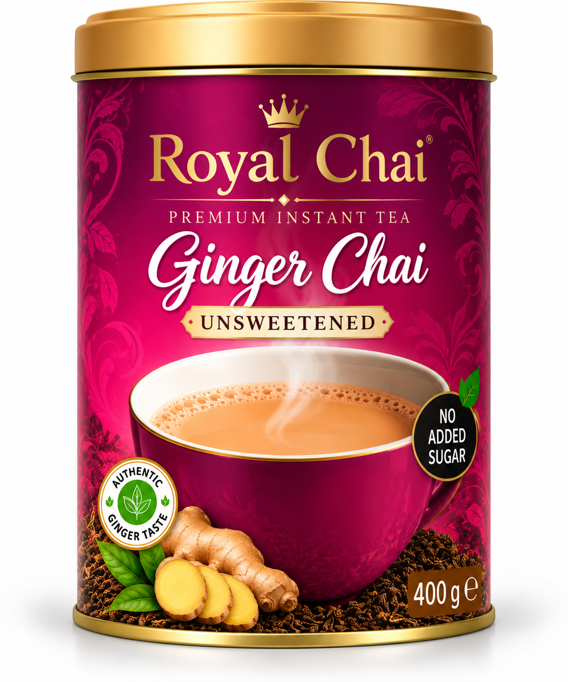 Royal Chai Ginger Sweetened 400g tea tub with magenta and gold packaging, a steaming cup of ginger chai, fresh ginger pieces and a sweetened with sugar label.