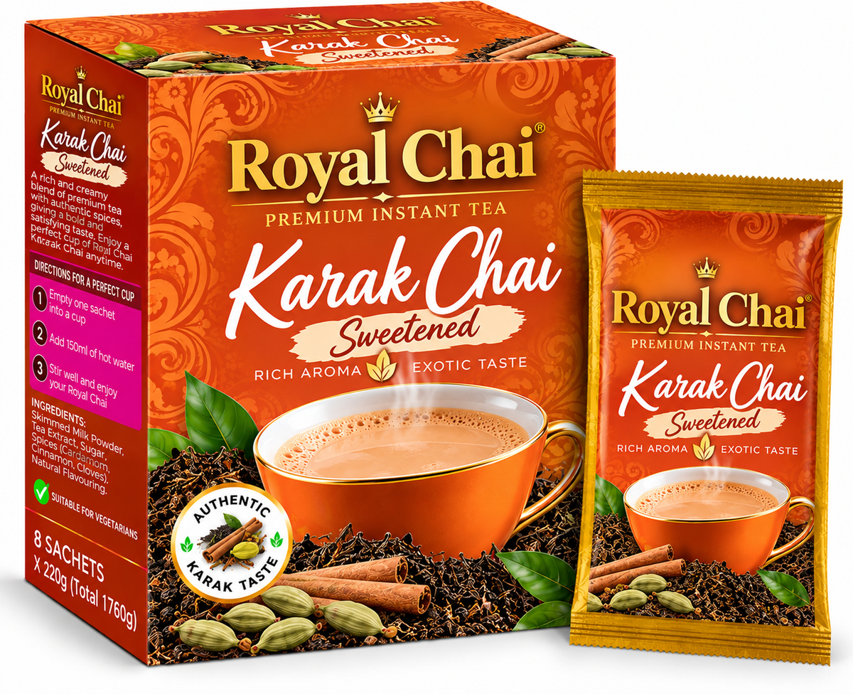 Royal Chai Karak Sweetened Chai 8 x 220g featuring orange and gold packaging, a steaming cup of creamy karak chai, aromatic tea leaves, cinnamon and cardamom, with a matching golden sachet.