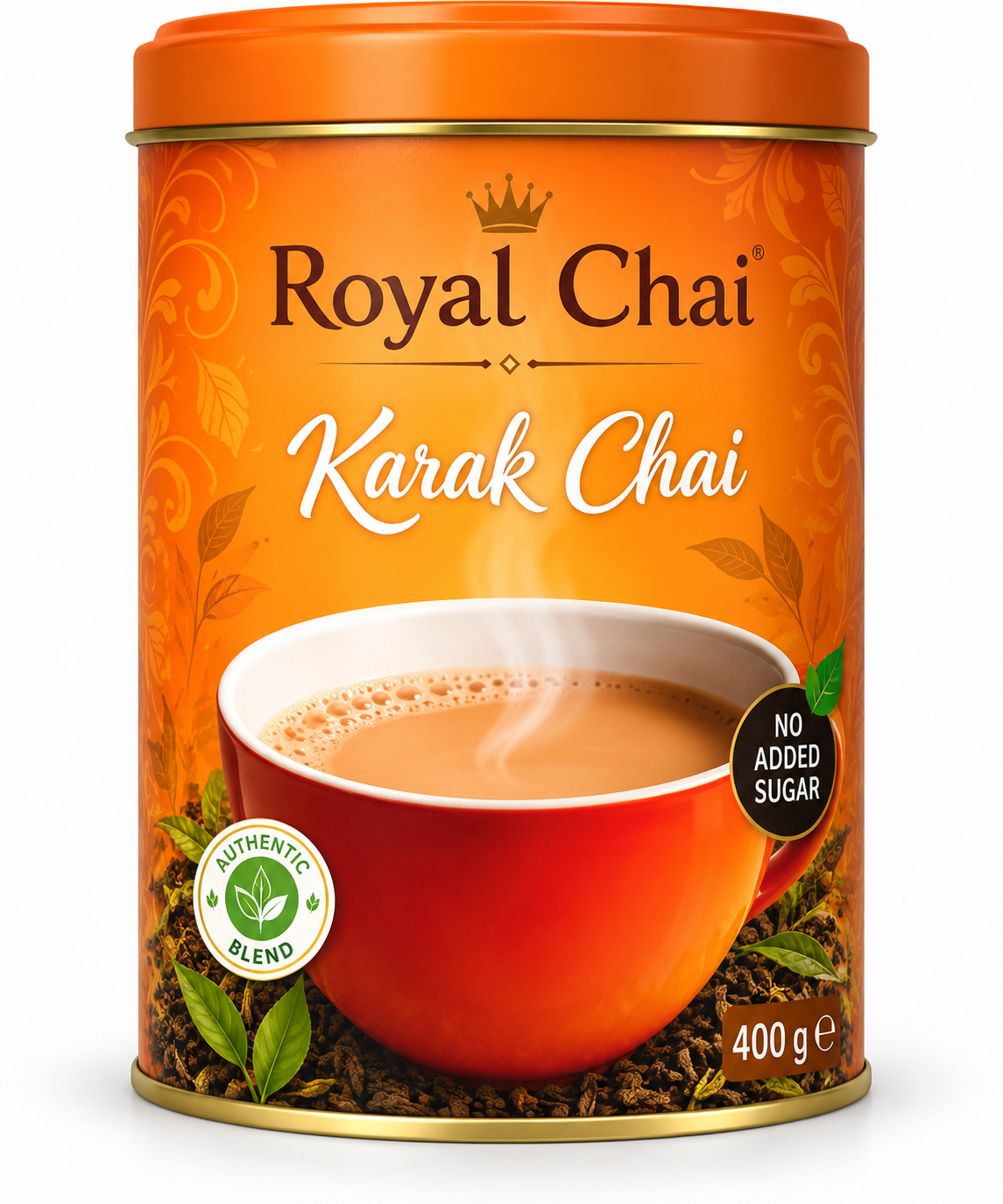 Royal Chai Karak Unsweetened 400g tea tub with orange and gold packaging, a steaming cup of karak chai, tea leaves and a no added sugar label.