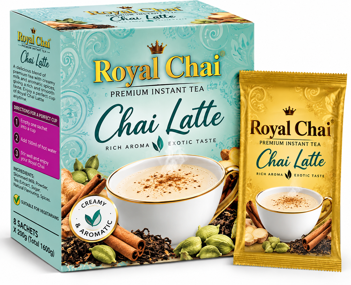 Royal Chai Latte Sweetened 8 x 200g featuring mint-green and gold packaging, a creamy cup of chai latte sprinkled with spices, aromatic cinnamon and cardamom, and a matching golden sachet.