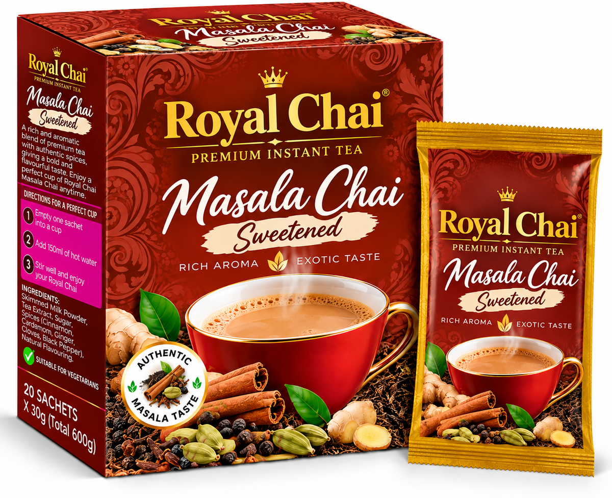Royal Chai Masala Sweetened Family Pack 30 x 20g featuring rich red and gold packaging, a steaming cup of masala chai, cinnamon, cardamom, ginger and aromatic spices, with a matching golden sachet.