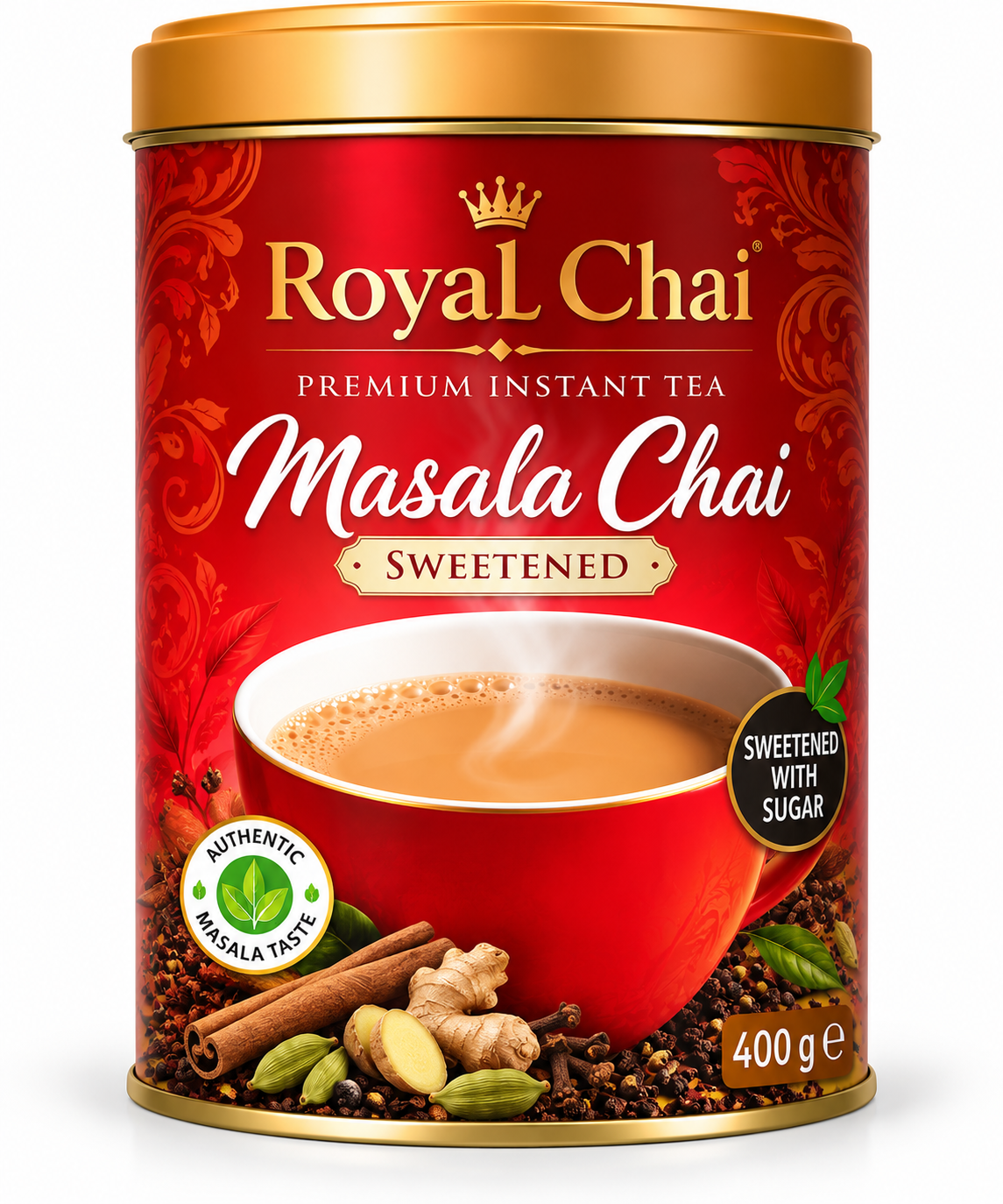 Royal Chai Masala Sweetened 400g tea tub featuring red and gold packaging, a steaming cup of masala chai, cinnamon, cardamom and aromatic spices, with a sweetened with sugar label.