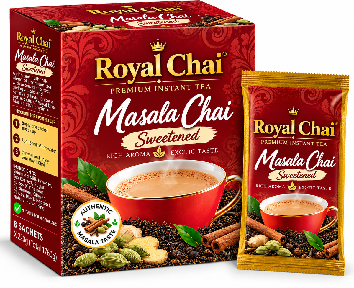 Royal Chai Masala Sweetened Chai 8 x 220g featuring premium red and gold packaging, a steaming cup of masala chai, cinnamon, cardamom, ginger and aromatic spices, with a matching golden sachet.